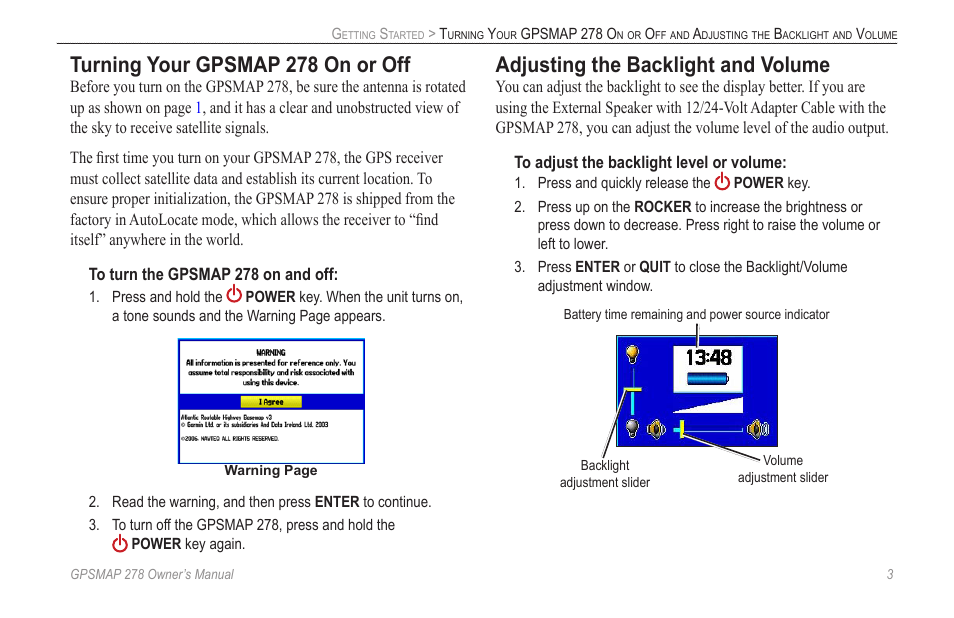 Turning your gpsmap 278 on or off, Adjusting the backlight and volume | Garmin GPSMAP 278 User Manual | Page 11 / 138