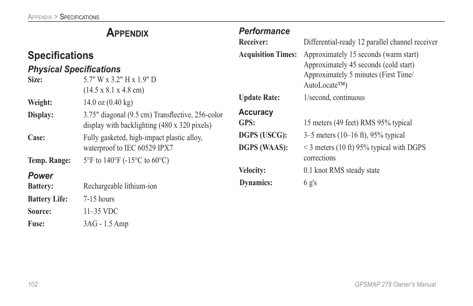 Appendix, Specifications | Garmin GPSMAP 278 User Manual | Page 110 / 138