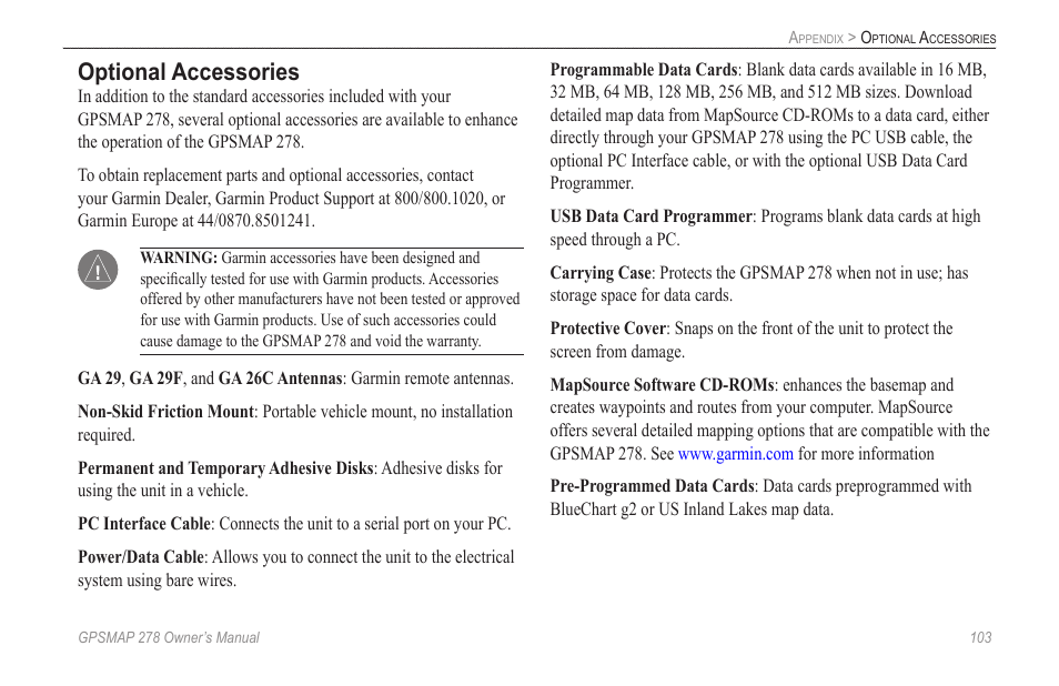 Optional accessories | Garmin GPSMAP 278 User Manual | Page 111 / 138