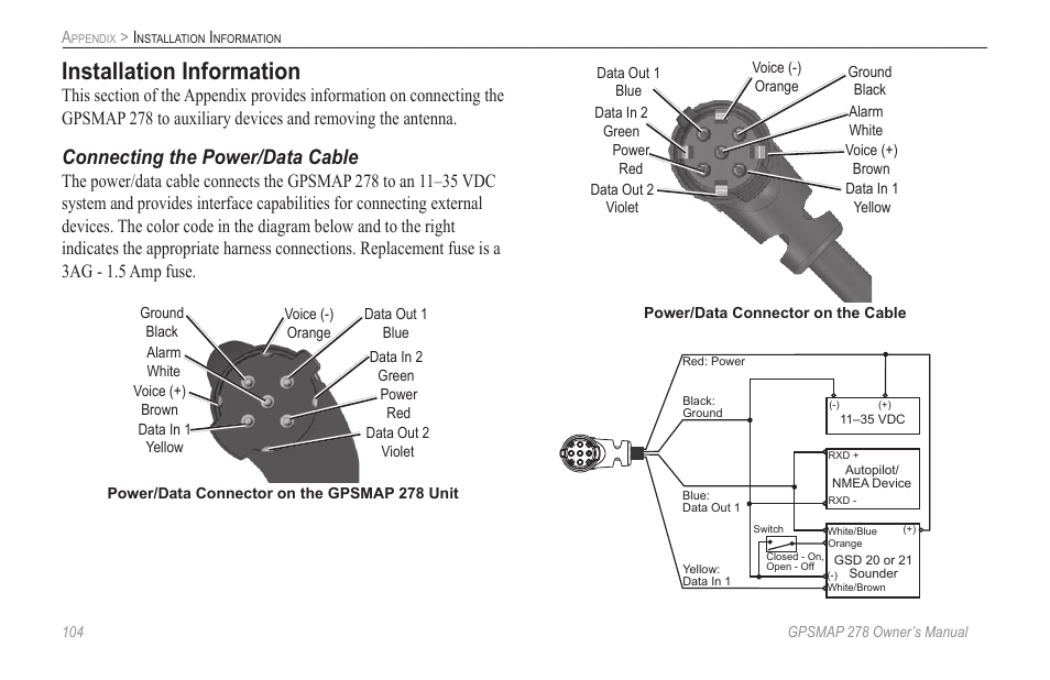 Installation information, Connecting the power/data cable | Garmin GPSMAP 278 User Manual | Page 112 / 138