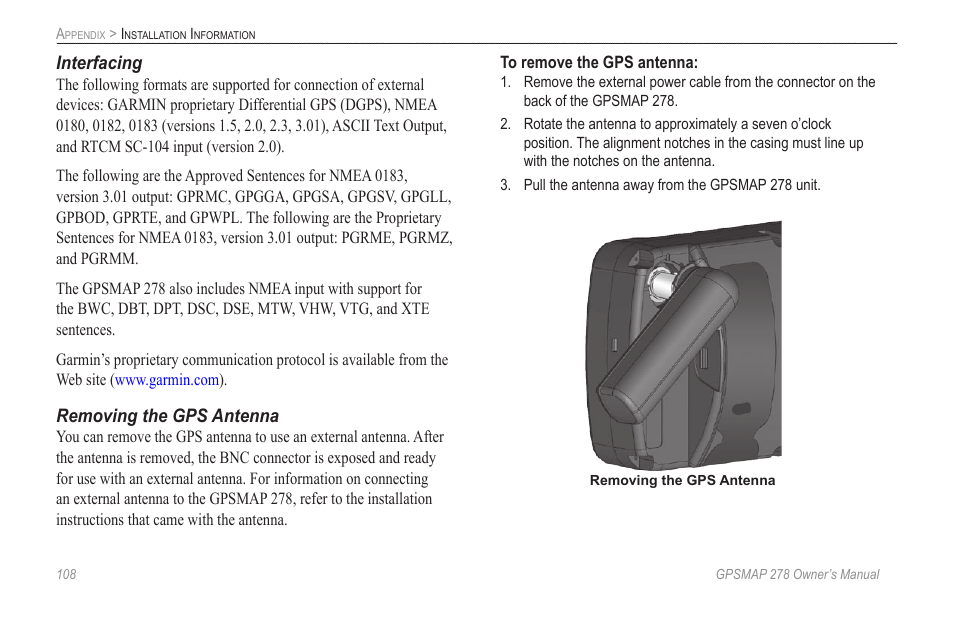 Appendix | Garmin GPSMAP 278 User Manual | Page 116 / 138