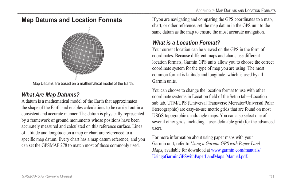 Map datums and location formats | Garmin GPSMAP 278 User Manual | Page 119 / 138