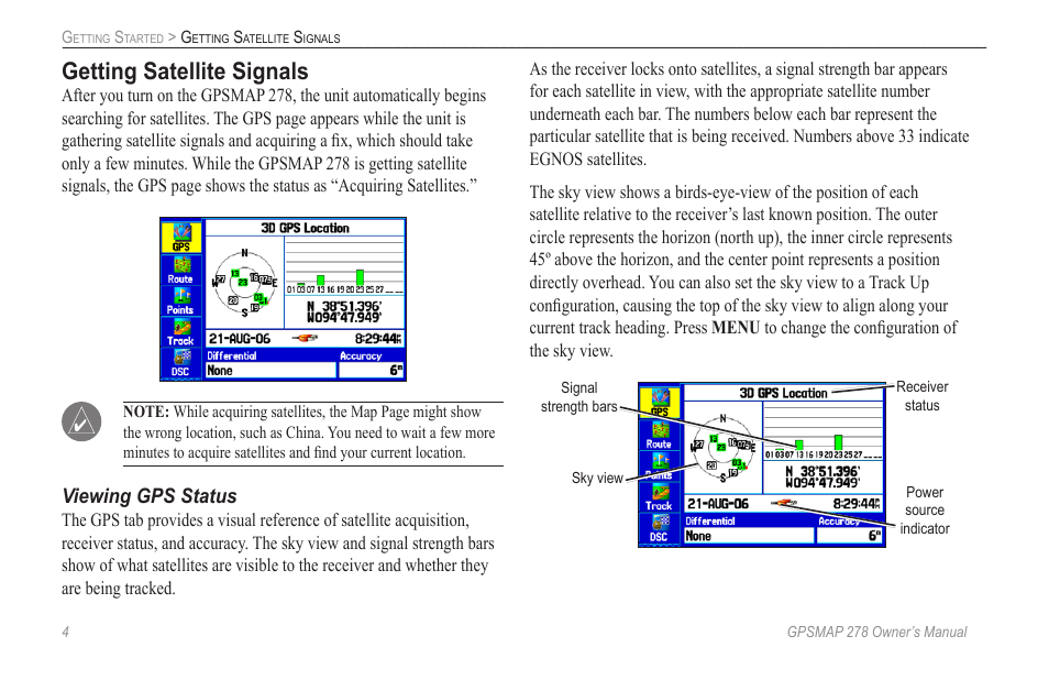 Getting satellite signals | Garmin GPSMAP 278 User Manual | Page 12 / 138