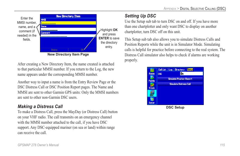 Making a distress call, Setting up dsc | Garmin GPSMAP 278 User Manual | Page 123 / 138