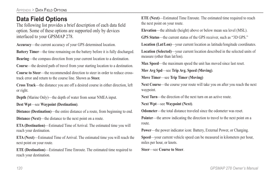 Data field options | Garmin GPSMAP 278 User Manual | Page 128 / 138