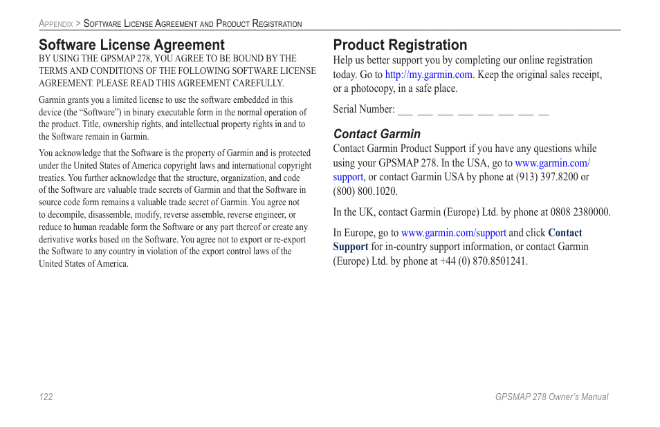 Software license agreement, Product registration, Contact garmin | Garmin GPSMAP 278 User Manual | Page 130 / 138