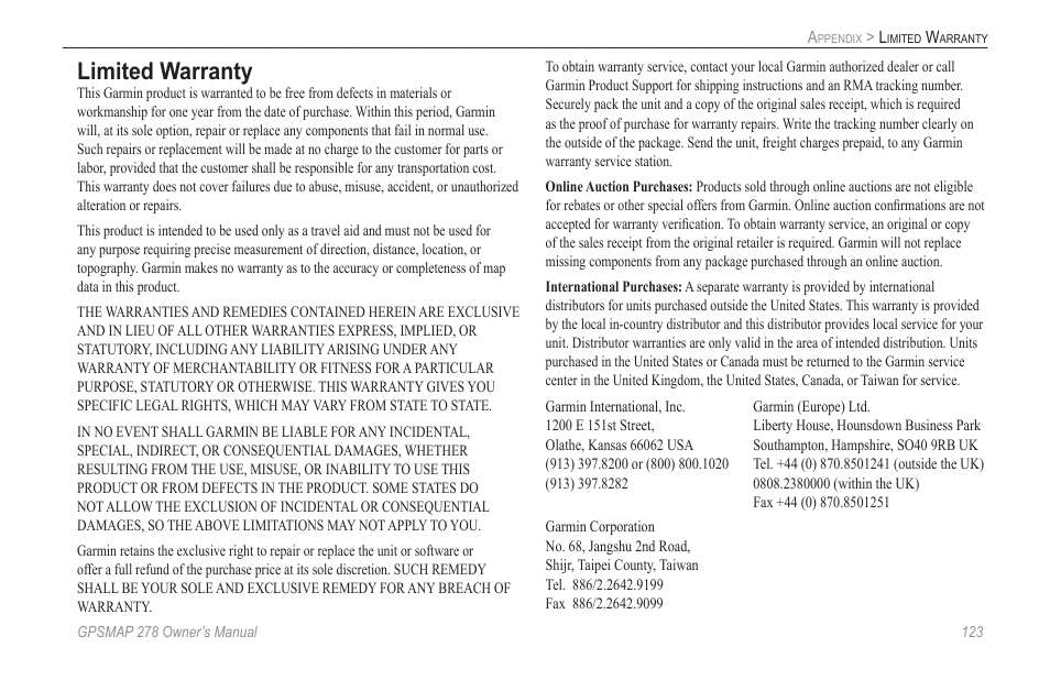 Limited warranty | Garmin GPSMAP 278 User Manual | Page 131 / 138