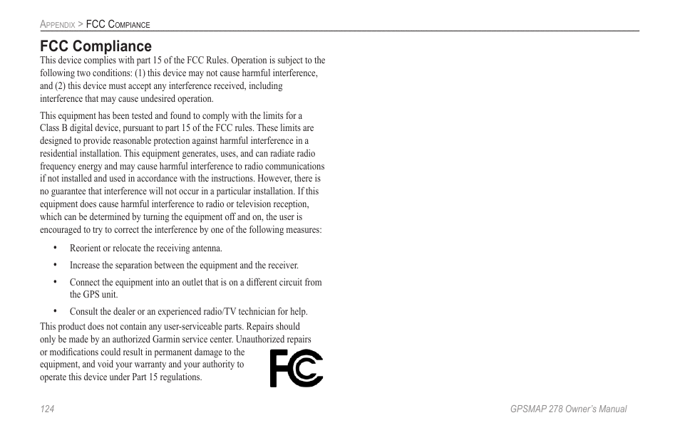 Fcc compliance | Garmin GPSMAP 278 User Manual | Page 132 / 138