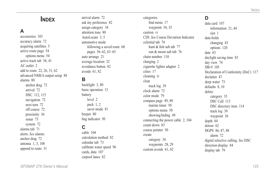 Index, Ndex | Garmin GPSMAP 278 User Manual | Page 133 / 138