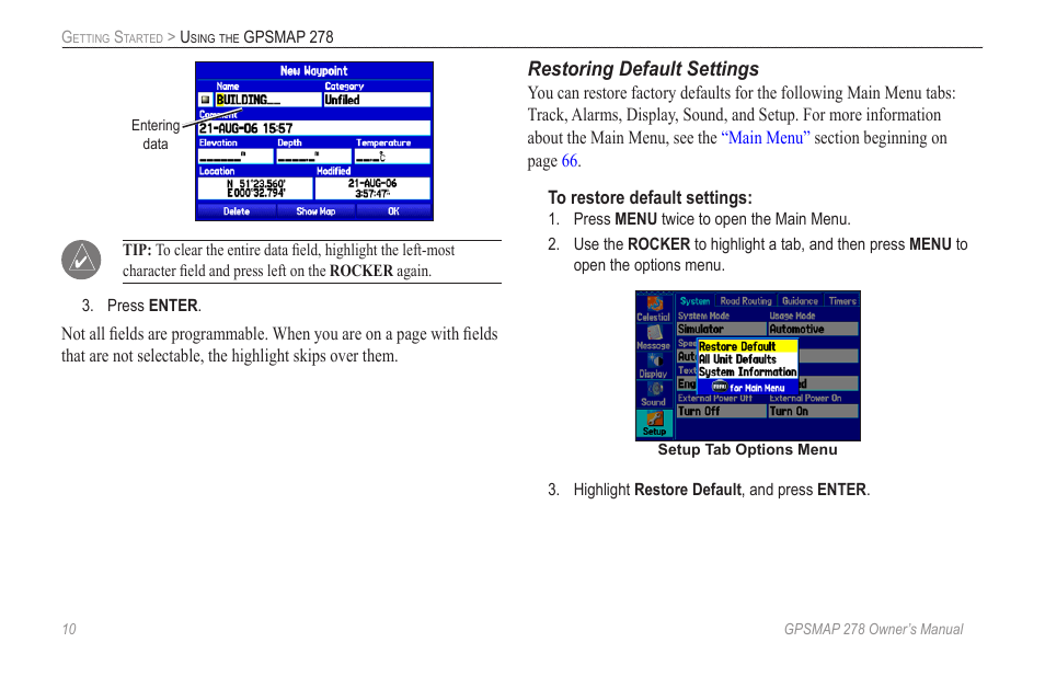 Restoring default settings | Garmin GPSMAP 278 User Manual | Page 18 / 138