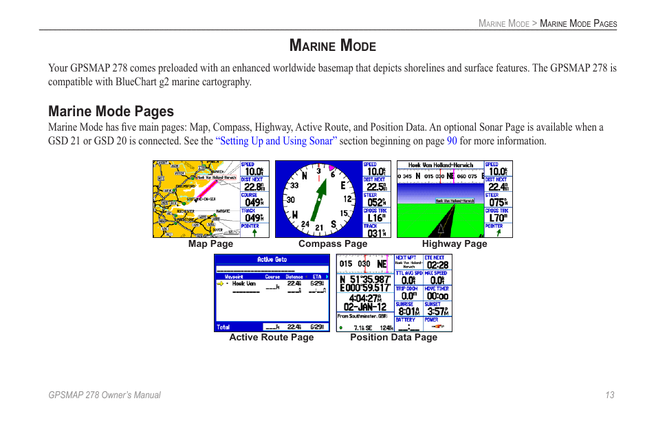 Marine mode, Marine mode pages | Garmin GPSMAP 278 User Manual | Page 21 / 138