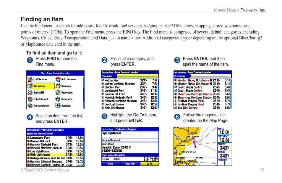 Finding an item | Garmin GPSMAP 278 User Manual | Page 25 / 138