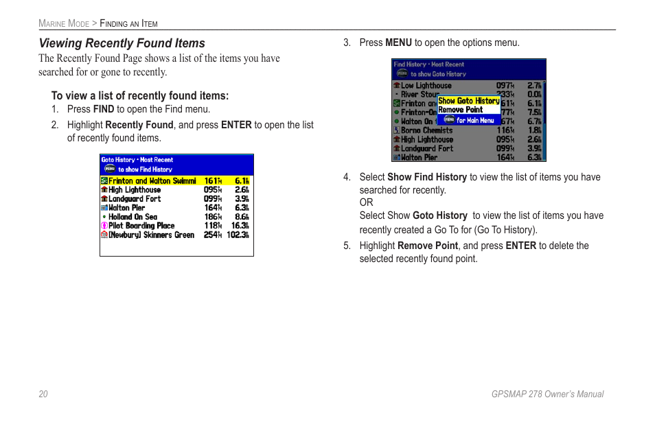 Viewing recently found items | Garmin GPSMAP 278 User Manual | Page 28 / 138