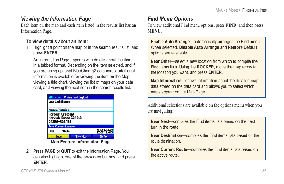 Viewing the information page, Find menu options | Garmin GPSMAP 278 User Manual | Page 29 / 138