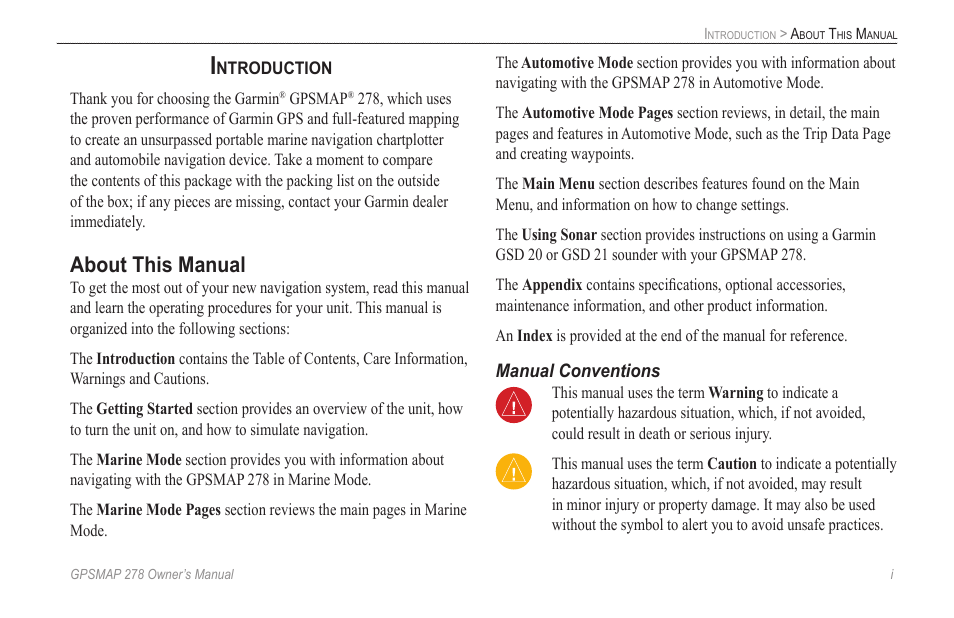 Introduction, About this manual | Garmin GPSMAP 278 User Manual | Page 3 / 138