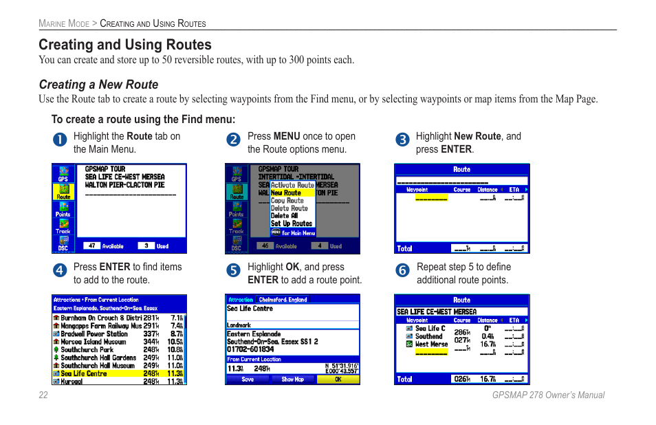 Creating and using routes | Garmin GPSMAP 278 User Manual | Page 30 / 138