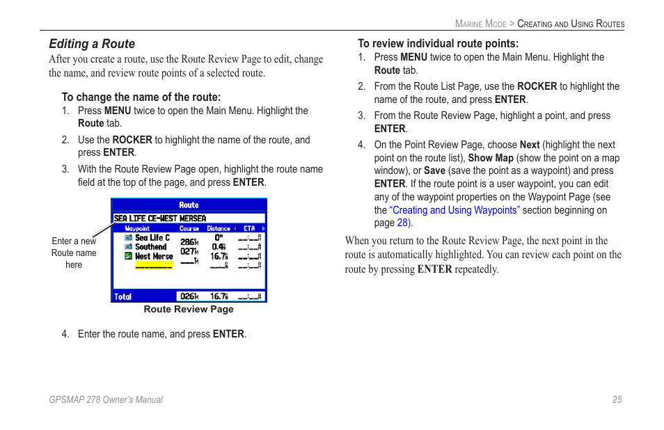 Editing a route | Garmin GPSMAP 278 User Manual | Page 33 / 138