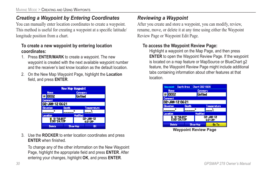 Creating a waypoint by entering coordinates, Reviewing a waypoint | Garmin GPSMAP 278 User Manual | Page 38 / 138