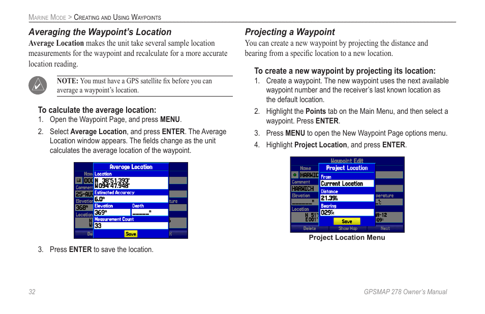 Averaging the waypoint’s location, Projecting a waypoint | Garmin GPSMAP 278 User Manual | Page 40 / 138