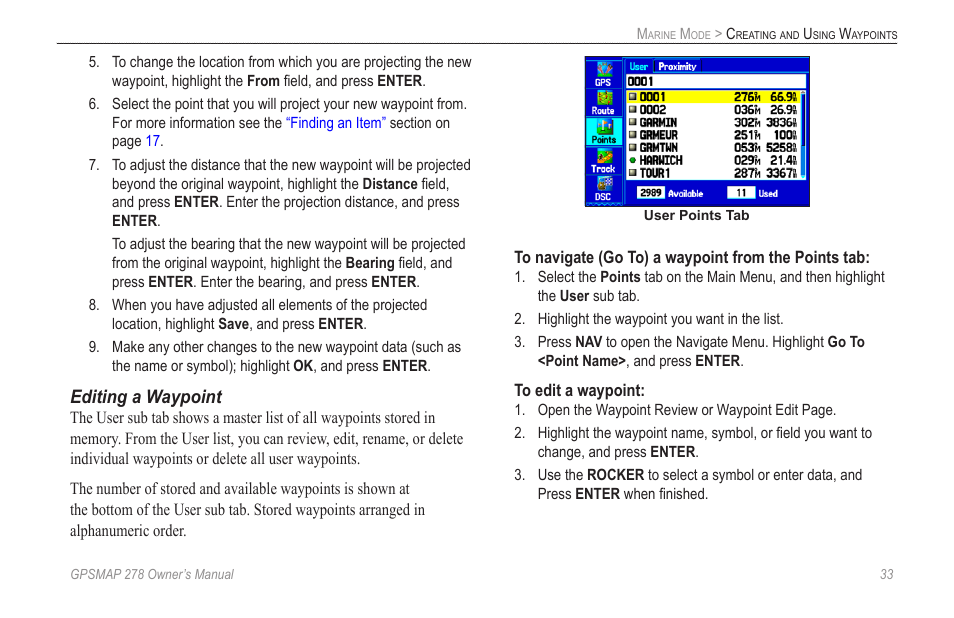 Editing a waypoint | Garmin GPSMAP 278 User Manual | Page 41 / 138