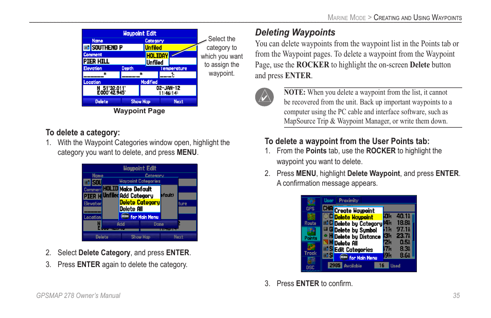 Deleting waypoints | Garmin GPSMAP 278 User Manual | Page 43 / 138