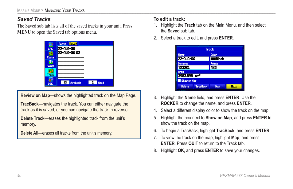 Saved tracks | Garmin GPSMAP 278 User Manual | Page 48 / 138