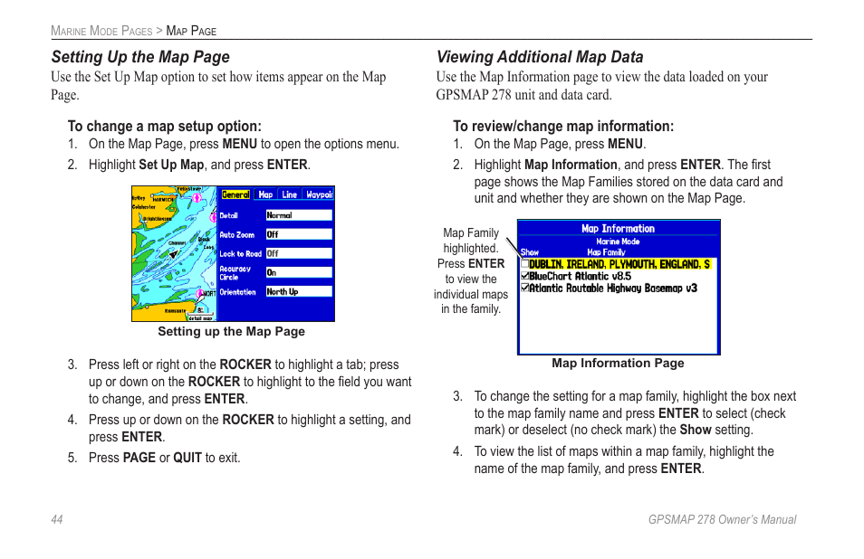 Setting up the map page, Viewing additional map data | Garmin GPSMAP 278 User Manual | Page 52 / 138