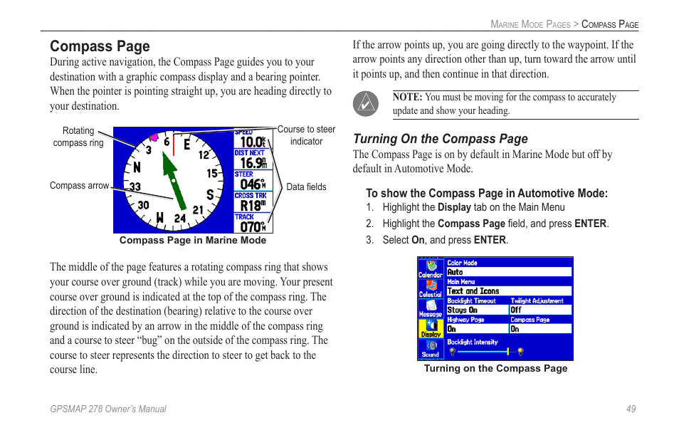 Compass page, Turning on the compass page | Garmin GPSMAP 278 User Manual | Page 57 / 138