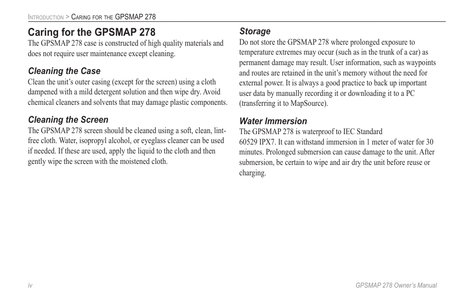 Caring for the gpsmap 278 | Garmin GPSMAP 278 User Manual | Page 6 / 138