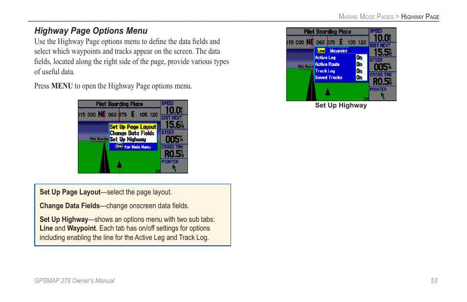 Highway page options menu | Garmin GPSMAP 278 User Manual | Page 61 / 138