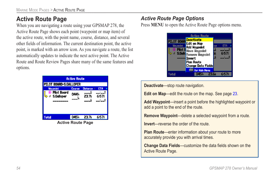 Active route page, Active route page options | Garmin GPSMAP 278 User Manual | Page 62 / 138