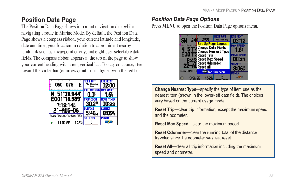 Position data page, Position data page options | Garmin GPSMAP 278 User Manual | Page 63 / 138