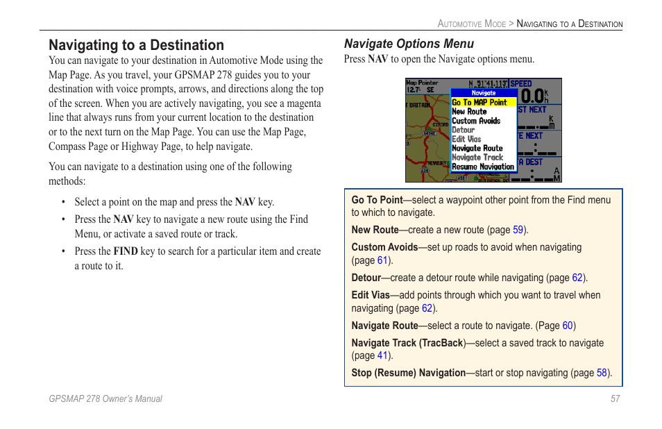 Navigating to a destination | Garmin GPSMAP 278 User Manual | Page 65 / 138