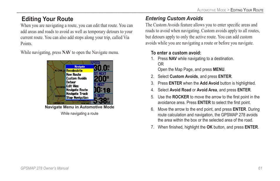 Editing your route | Garmin GPSMAP 278 User Manual | Page 69 / 138