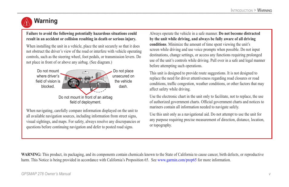 Warning | Garmin GPSMAP 278 User Manual | Page 7 / 138