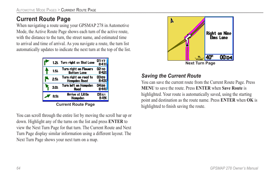 Current route page, Saving the current route | Garmin GPSMAP 278 User Manual | Page 72 / 138