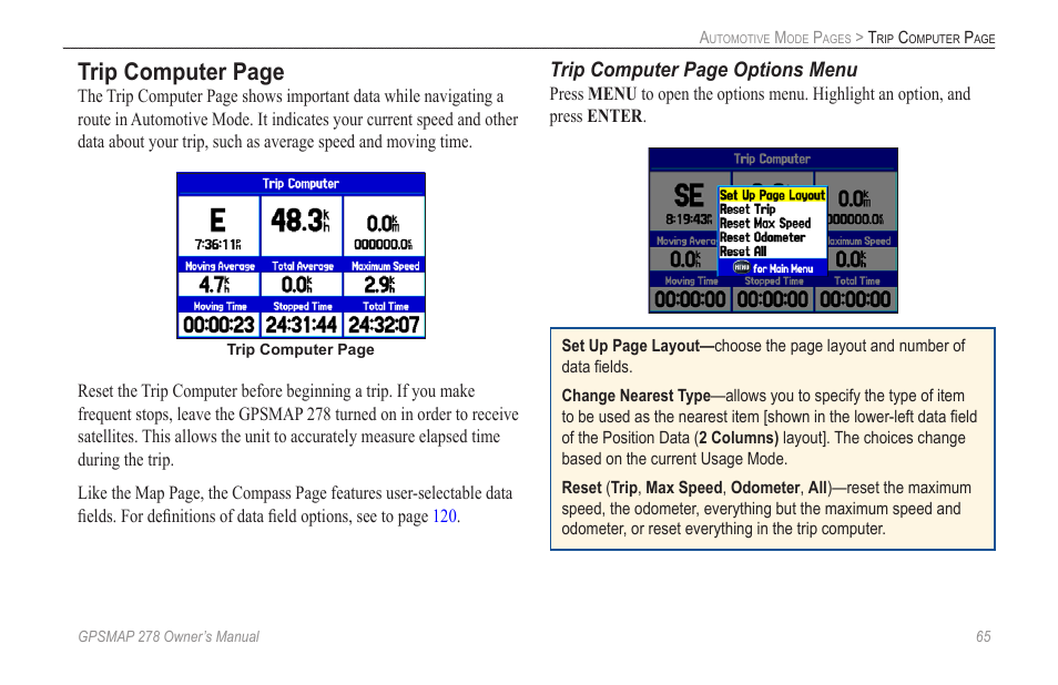 Trip computer page, Trip computer page options menu | Garmin GPSMAP 278 User Manual | Page 73 / 138