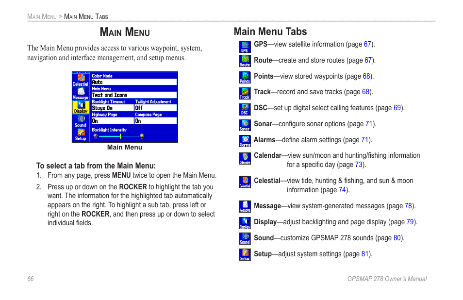 Main menu, Main menu tabs | Garmin GPSMAP 278 User Manual | Page 74 / 138