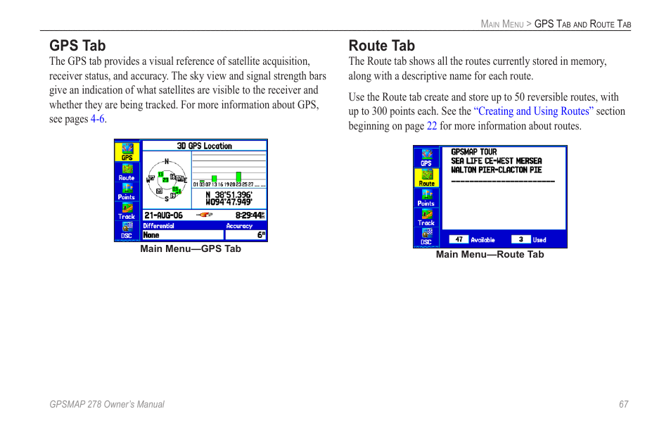 Gps tab, Route tab | Garmin GPSMAP 278 User Manual | Page 75 / 138