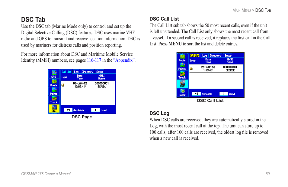 Dsc tab | Garmin GPSMAP 278 User Manual | Page 77 / 138