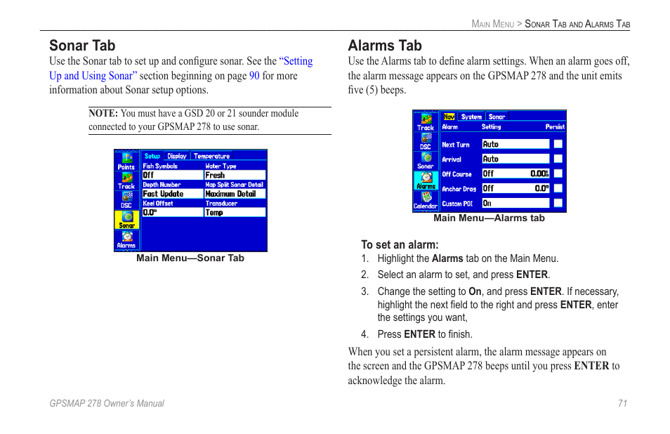 Sonar tab, Alarms tab | Garmin GPSMAP 278 User Manual | Page 79 / 138