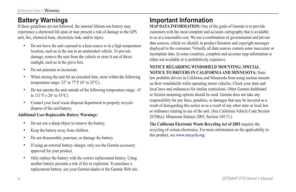 Battery warnings, Important information | Garmin GPSMAP 278 User Manual | Page 8 / 138