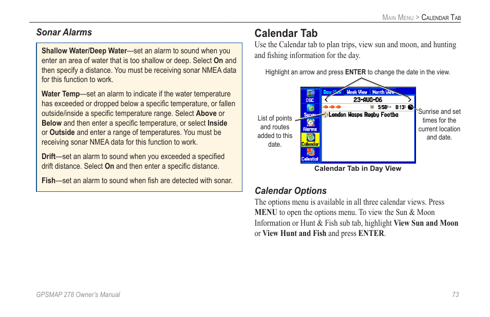 Calendar tab, Sonar alarms, Calendar options | Garmin GPSMAP 278 User Manual | Page 81 / 138