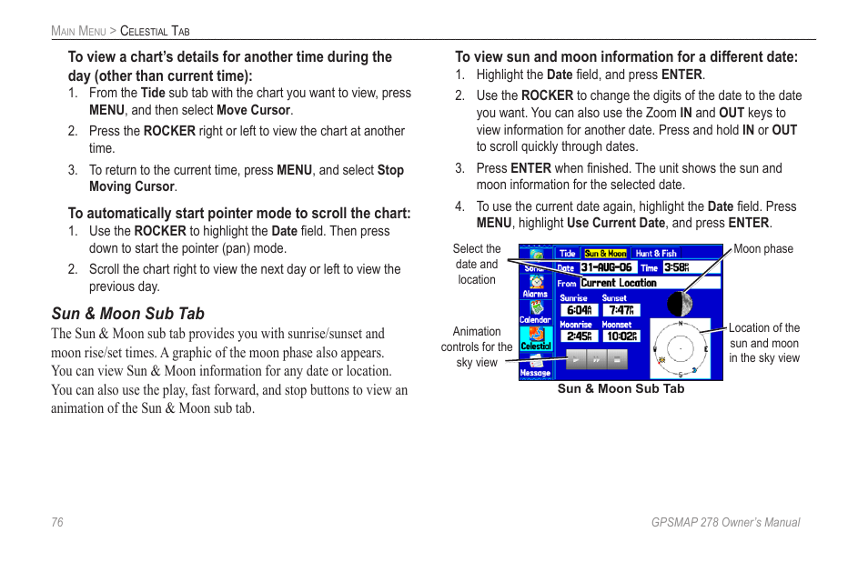 Sun & moon sub tab | Garmin GPSMAP 278 User Manual | Page 84 / 138