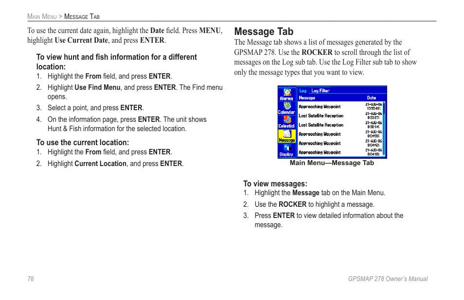 Message tab | Garmin GPSMAP 278 User Manual | Page 86 / 138