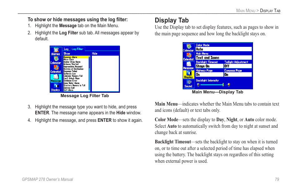 Display tab | Garmin GPSMAP 278 User Manual | Page 87 / 138