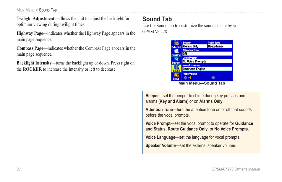 Sound tab | Garmin GPSMAP 278 User Manual | Page 88 / 138