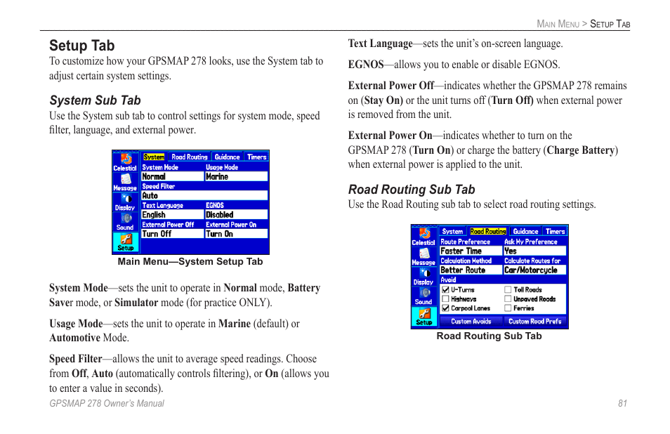 Setup tab | Garmin GPSMAP 278 User Manual | Page 89 / 138