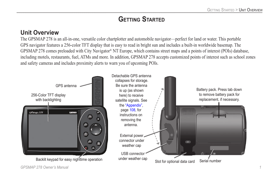 Getting started, Unit overview | Garmin GPSMAP 278 User Manual | Page 9 / 138