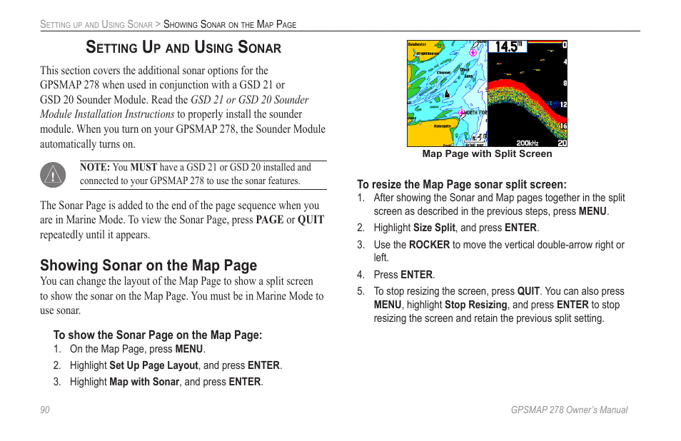 Setting up and using sonar, Gsd 21 or gsd 20 is connected. see the, For more information | Setting, Up and using sonar, Showing sonar on the map page | Garmin GPSMAP 278 User Manual | Page 98 / 138